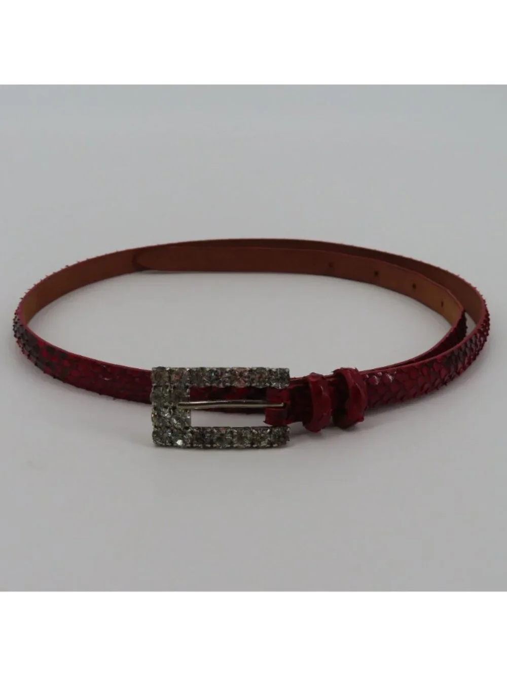 Claudio Orciani Women 80cm Red Genuine Snake Skin Rhinestone Buckle Skinny Belt